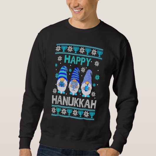 Happy Hanukkah Gnome Gnomies Menorah Pajama Ugly スウェットシャツ (正面)
