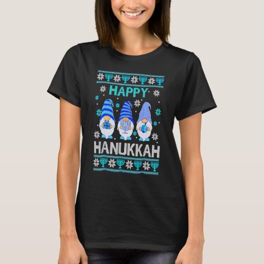 Happy Hanukkah Gnome Gnomies Menorah Pajama Ugly Tシャツ (正面)