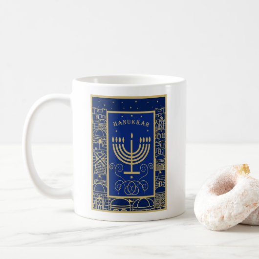 Happy Hanukkah Gold Menorah Jewish Holiday コーヒーマグカップ (ドーナツ)