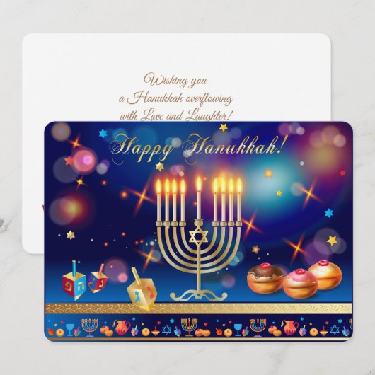 Happy Hanukkah Gold Menorah Jewish Holiday シーズンカード (正面/裏面)