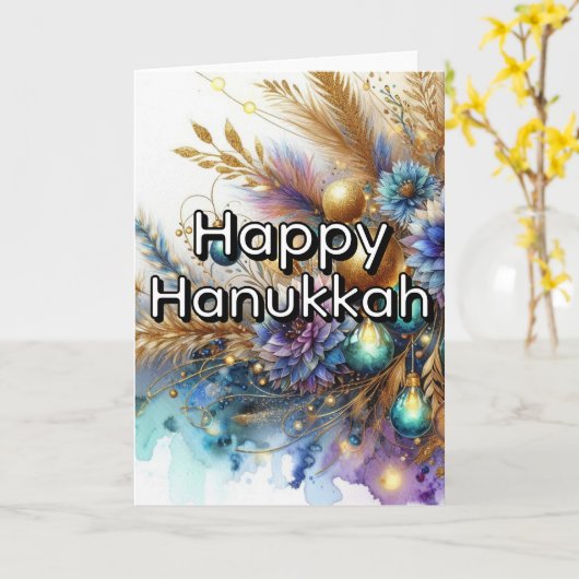Happy Hanukkah Greeting Card - Blue Gold Abstract  カード (黄色い花)