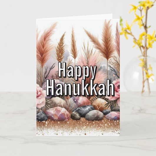 Happy Hanukkah Greeting Card - Modern Simple Pink カード (黄色い花)
