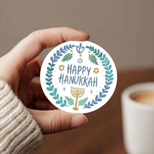 HAPPY HANUKKAH HAND モダンDrawn Cute (ハッピーハヌッカハンドドローお ラウンドシール