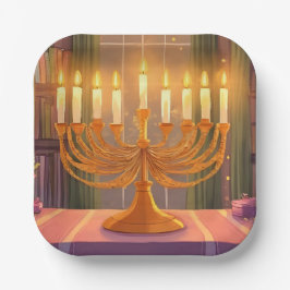 Happy Hanukkah Menorah Candles Oil Painting ペーパープレート