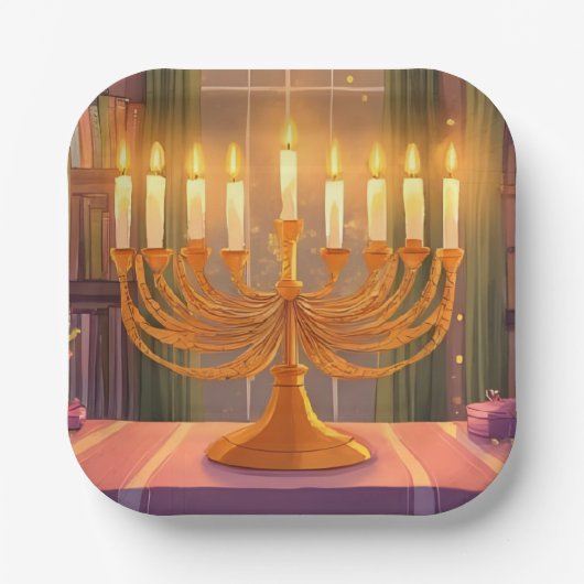Happy Hanukkah Menorah Candles Oil Painting ペーパープレート (正面)