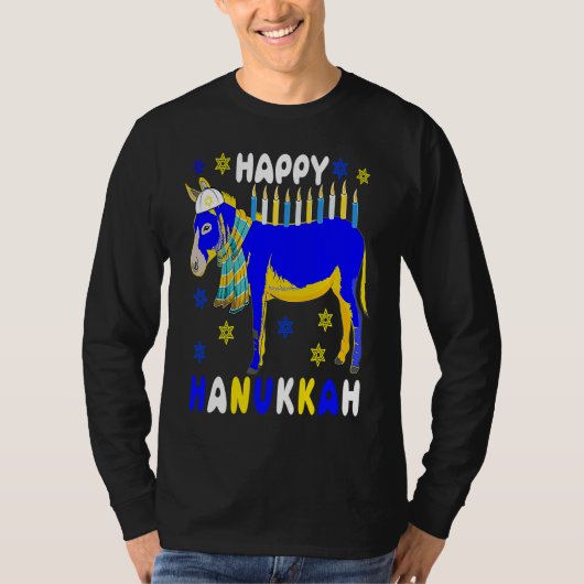 Happy Hanukkah Menorah Donkey Wearing Jewish Hat F Tシャツ (正面)