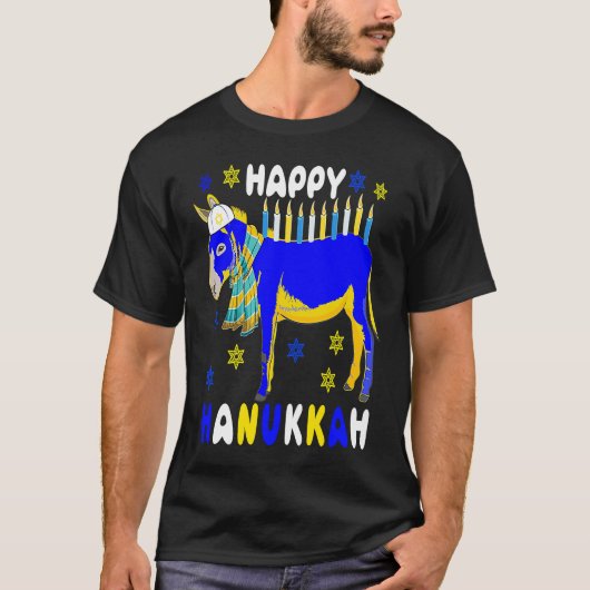 Happy Hanukkah Menorah Donkey Wearing Jewish Hat F Tシャツ (正面)