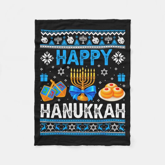 Happy Hanukkah Menorah Dreidel Ugly Chanukah Pajam フリースブランケット (正面)
