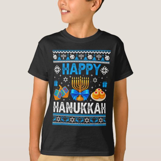 Happy Hanukkah Menorah Dreidel Ugly Chanukah Pajam Tシャツ (正面)