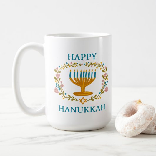 HAPPY HANUKKAH Menorah floral Jewish Holiday コーヒーマグカップ (ドーナツ)