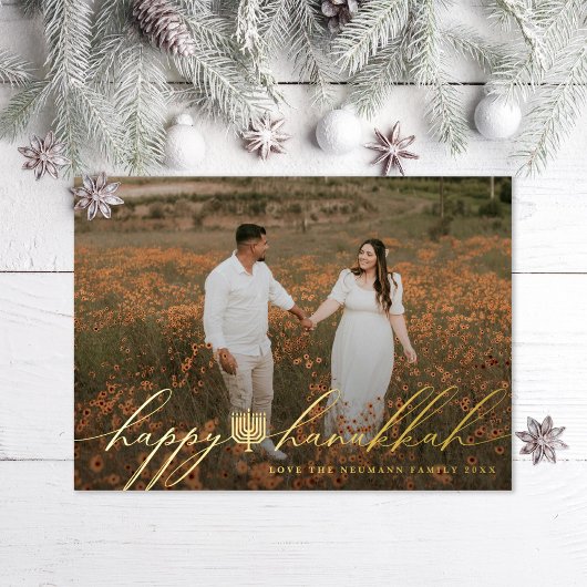 Happy Hanukkah Menorah Hanukkiah Photo 箔シーズンカード