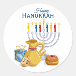 Happy Hanukkah Menorah Oil Pitcher Sufganiyot ラウンドシール