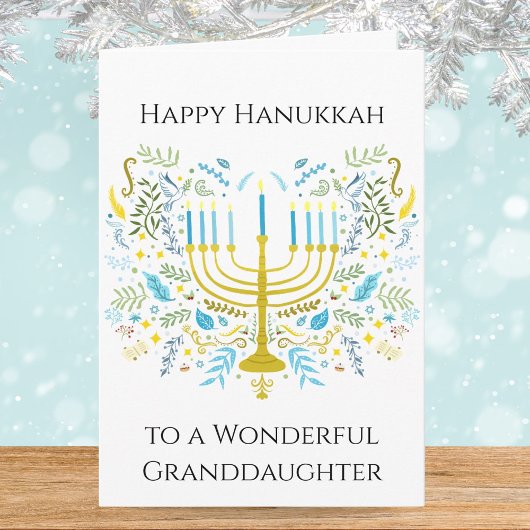 Happy Hanukkah Menorah with Flowers Granddaughter カード