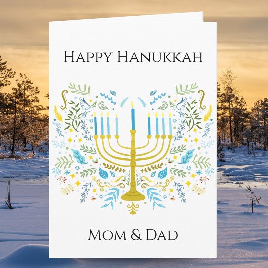 Happy Hanukkah Menorah with Flowers Mom & Dad カード