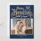 Happy Hanukkah Navy Blueエレガントと金ゴールド写真 シーズンカード (正面)