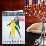 Happy Hanukkah Photo Modern Blue Script Folded シーズンカード<br><div class="desc">Modern customizable Jewish full photo vertical Hanukkah card with a winter photograph of your child or family with blue script overlay. Add another favorite Chanukah picture inside and customize your own Happy Hanukkah message of love and light inside.</div>