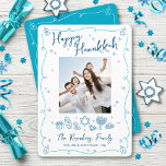 Happy Hanukkah Photo Whimsical Hand Drawn Doodles シーズンカード<br><div class="desc">“Happy Hanukkah.” It's that time to touch base with your family and friends to celebrate Hanukkah and usher in the festival of lights. Fun, whimsical navy blue handwritten script typography and turquoise teal blue hand drawn Hanukkah icon doodles, along with the photo of your choice, overlay a white background. Additional...</div>