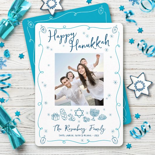 Happy Hanukkah Photo Whimsical Hand Drawn Doodles シーズンカード