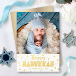 Happy Hanukkah Photo Whimsical Stars Real Gold 箔シーズンカード<br><div class="desc">“Happy Hanukkah.” Fun, playful, whimsical handcrafted real gold foil typography and a random Star of David pattern overlay a clean, white background. Add the photo of your choice and help usher in Hanukkah with this stunning, colorful, personalized real gold foil greeting card. Faux gold metallic ombre is on the back....</div>