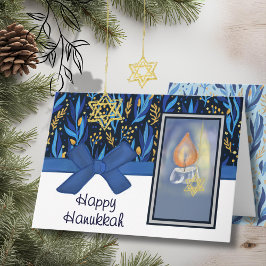 Happy Hanukkah Rich Blue & Gold Foliage & Candle シーズンカード