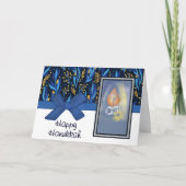 Happy Hanukkah Rich Blue & Gold Foliage & Candle シーズンカード (正面)