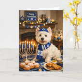 Happy Hanukkah Westie Card – Festive Jewish Dog カード (黄色い花)