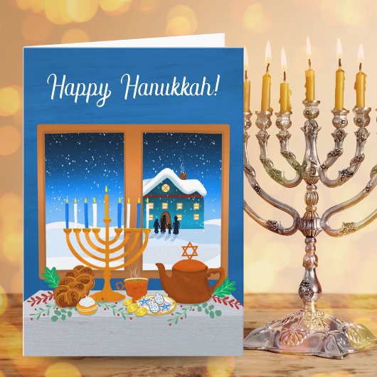 Happy Hanukkah Window Scene Cozy Winter  カード