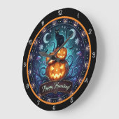Happy Haunting Black Cat Pumpkin ラージ壁時計 (傾斜)