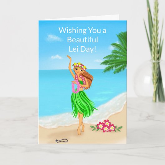 Happy Hawaiian Lei Day Hula Girl Beach カード (正面)