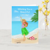 Happy Hawaiian Lei Day Hula Girl Beach カード (黄色い花)