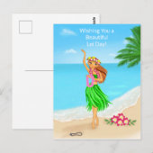 Happy Hawaiian Lei Day Hula Girl Beach ポストカード (正面/裏面)