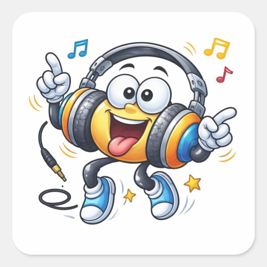 Happy Headphones Cartoon Music Sticker スクエアシール (正面)