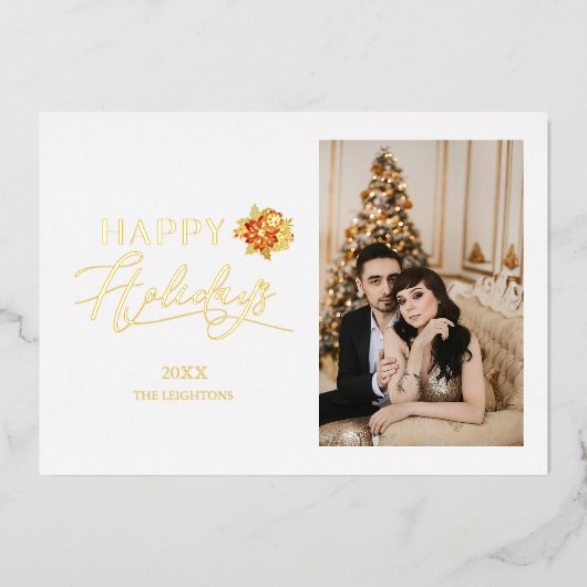 Happy Holiday Whimsical Poinsettia Christmas Photo 箔シーズンカード (正面)