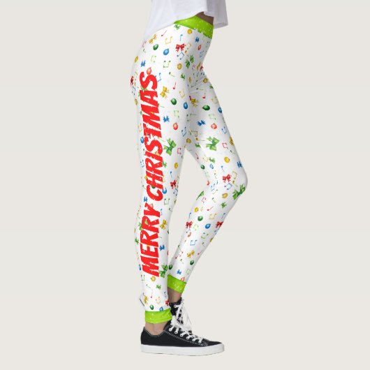 Happy Holidaysクリスマスリボンとミュージックノート レギンス (右)