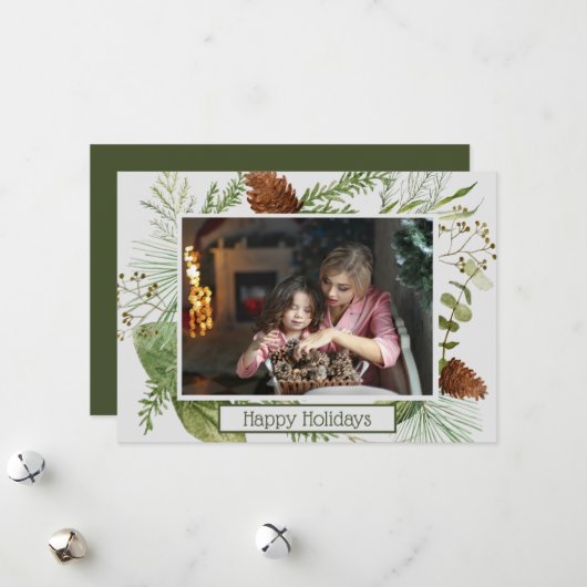 Happy Holidays冬の緑の横の写真 シーズンカード (正面/裏面インサイチュ)