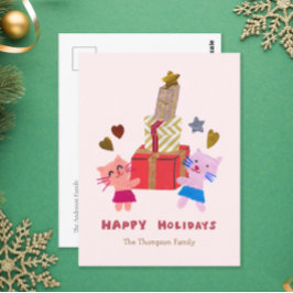 Happy Holidays かわいい猫とギフト ソフトピンク シーズンポストカード