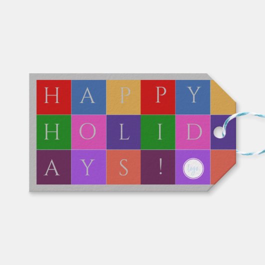HAPPY HOLIDAYS カラフル SQUARES BUSINESS LOGOクリスマス ギフトタグ (正面(横))