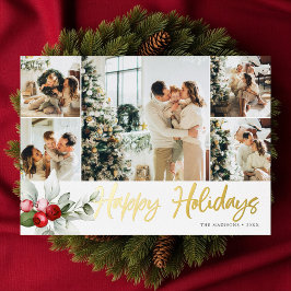Happy Holidays ブラシスクリプト ベリー 7 写真コラージュ 箔シーズンカード