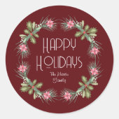 Happy Holidays 水彩リースステッカー ラウンドシール (正面)