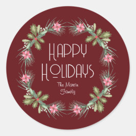 Happy Holidays 水彩リースステッカー ラウンドシール