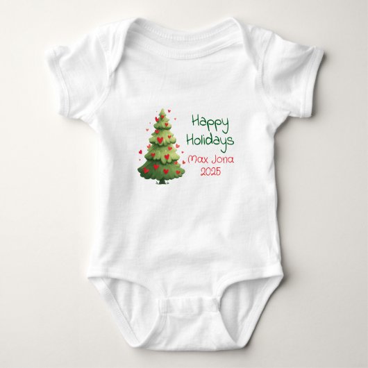 Happy Holidays 2025, Christmas Tree, Personalized  ベビーボディスーツ (正面)