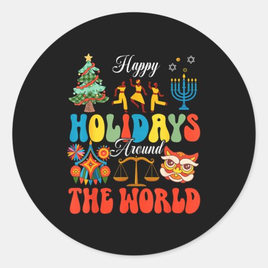 Happy Holidays Around World Christmas Hanukkah Diw ラウンドシール (正面)