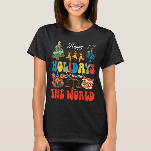 Happy Holidays Around World Christmas Hanukkah Diw Tシャツ (正面)