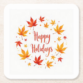 Happy Holidays Autumn Leaves Paper Coaster スクエアペーパーコースター