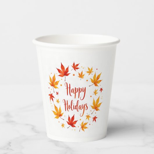 Happy Holidays Autumn Leaves Paper Cups 紙コップ (正面)