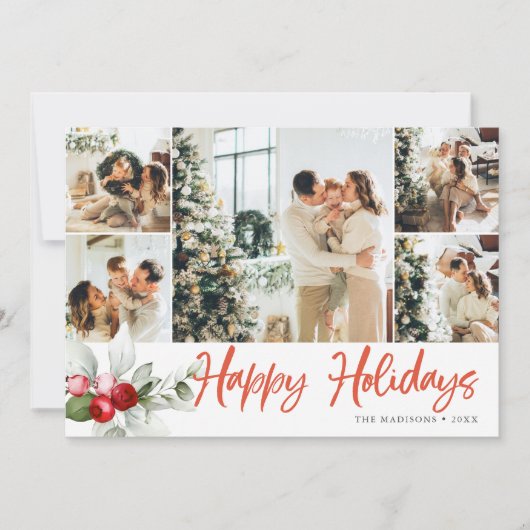 Happy Holidays Berry Brush Script 7 Photo シーズンカード (正面)