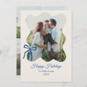 Happy Holidays Blue Bow Coquette 4-Photo シーズンカード (正面/裏面)