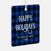 Happy Holidays Blue Buffalo Plaid Family Photo メタルオーナメント (正面右)