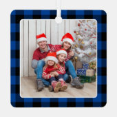 Happy Holidays Blue Buffalo Plaid Family Photo メタルオーナメント (裏面)