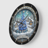 Happy Holidays Blue Christmas Tree Village ラージ壁時計 (傾斜)